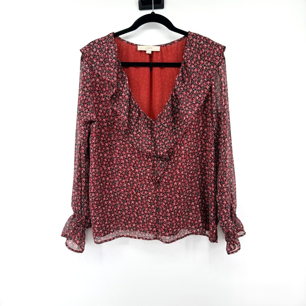 LOFT Blouse Ruffle V-Neck Floral Medium Red Womens Long Sleeve Chiffon Boho